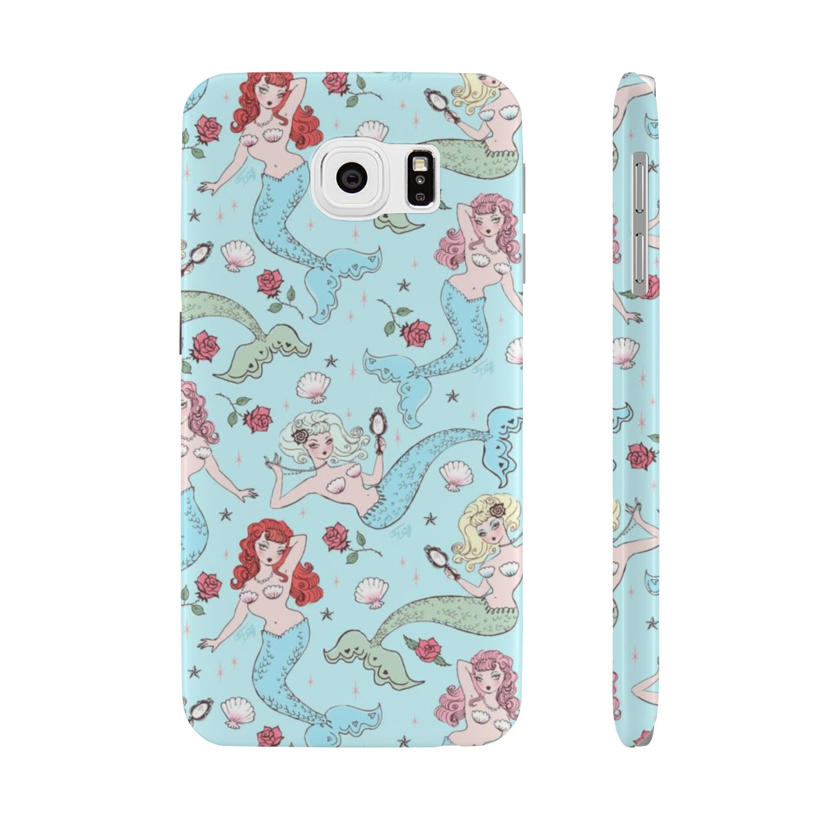 Mermaids and Roses on Aqua • Slim Phone Case