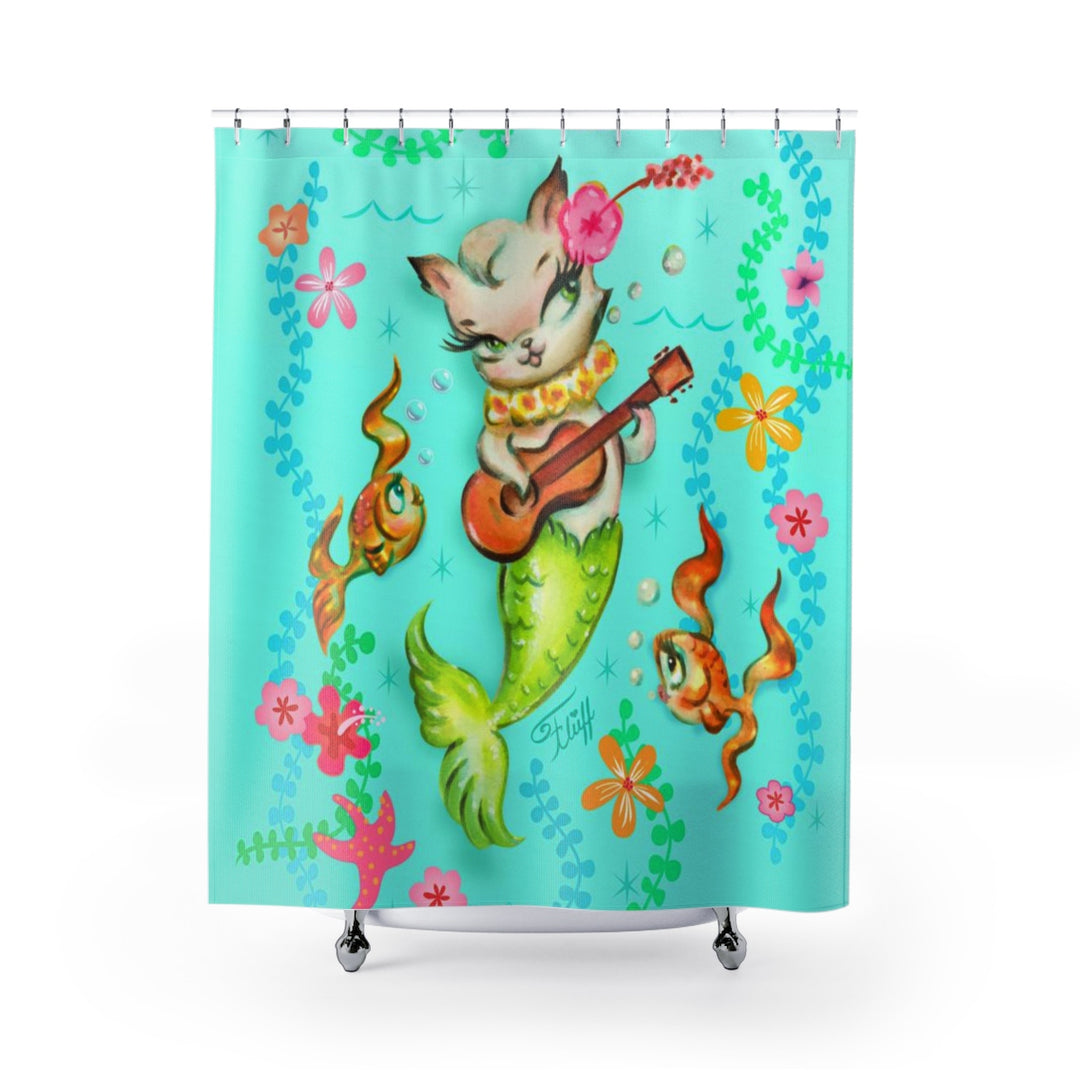 Mermaid Cat with Ukulele • Shower Curtains