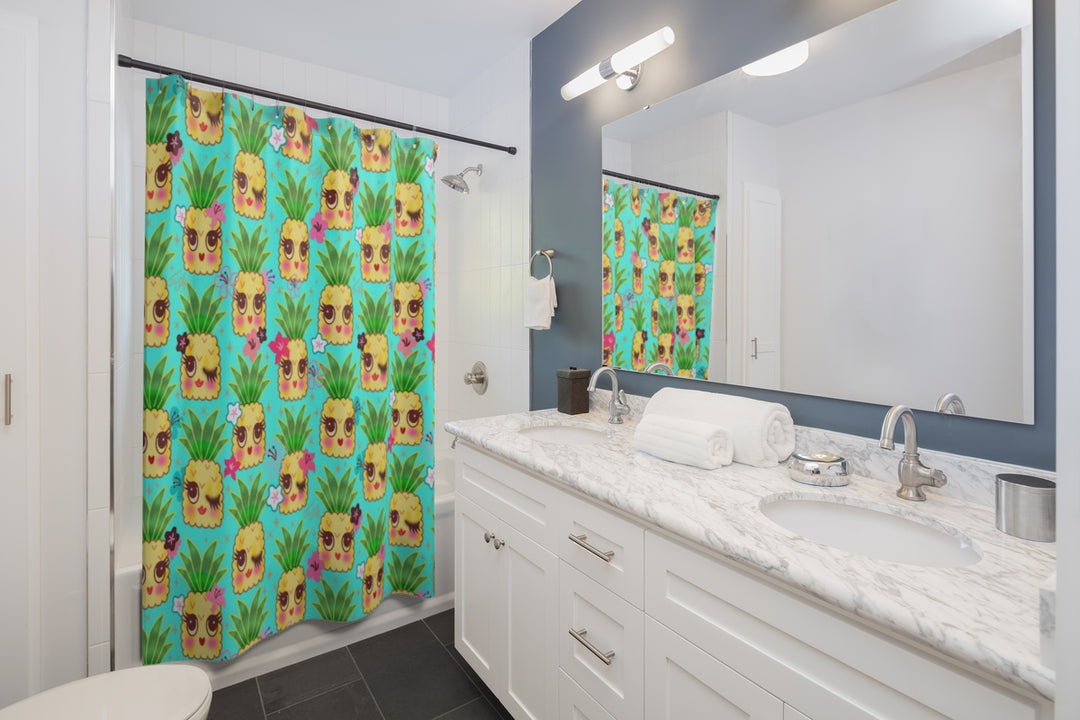 Happy Kawaii Cute Pineapples on Aqua • Shower Curtain