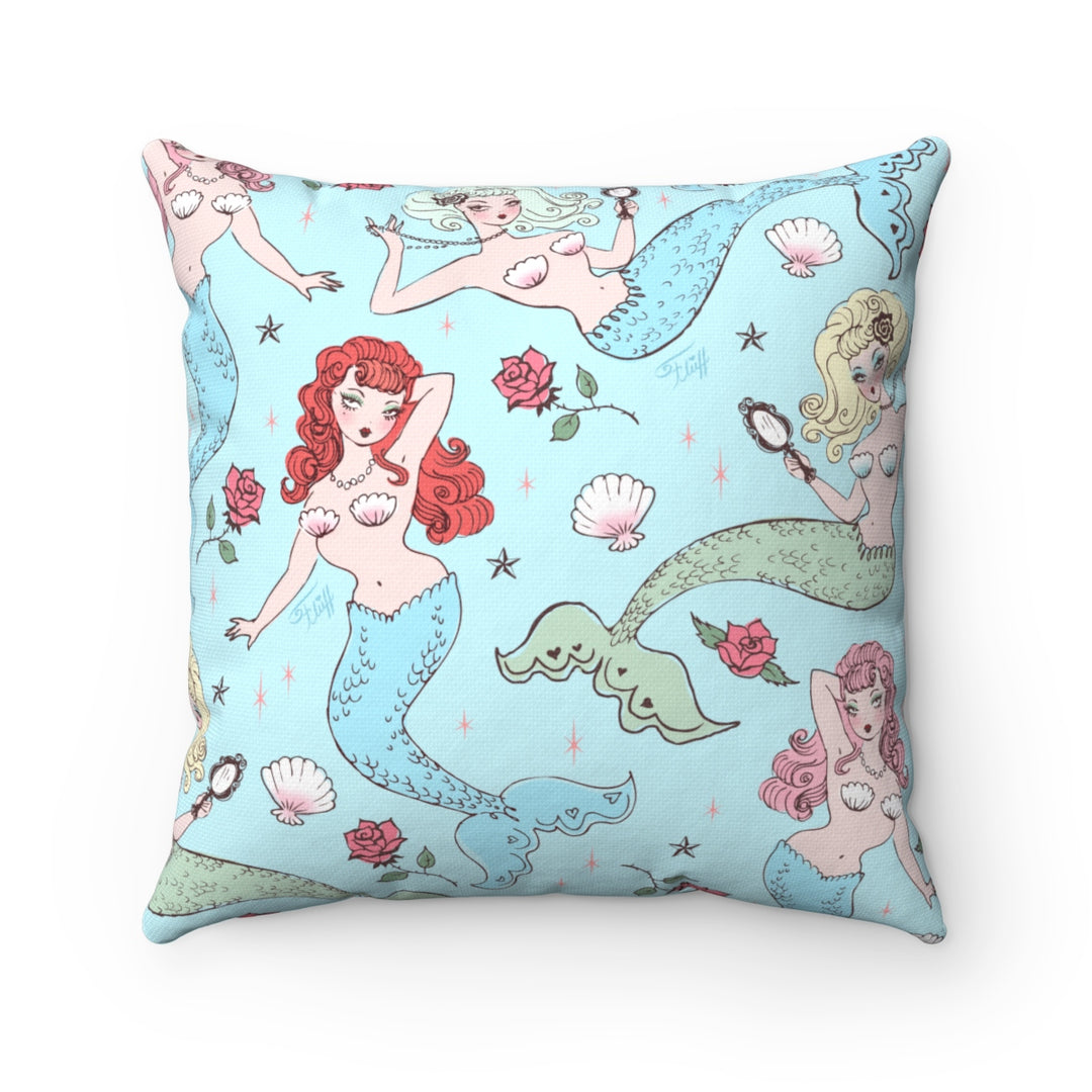 Mermaids and Roses on Aqua • Square Pillow