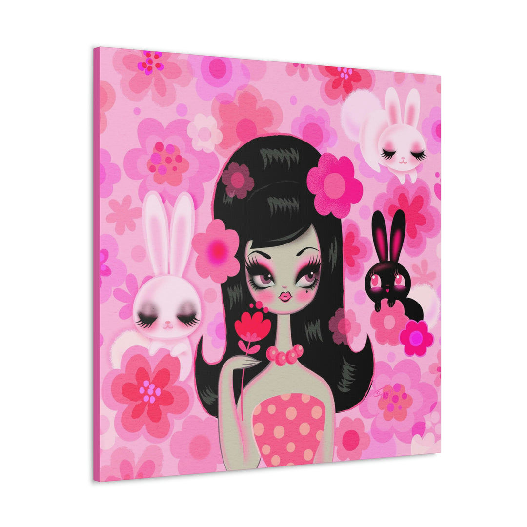 Mod Girl with Bunnies and Flowers • Canvas Gallery Wrap