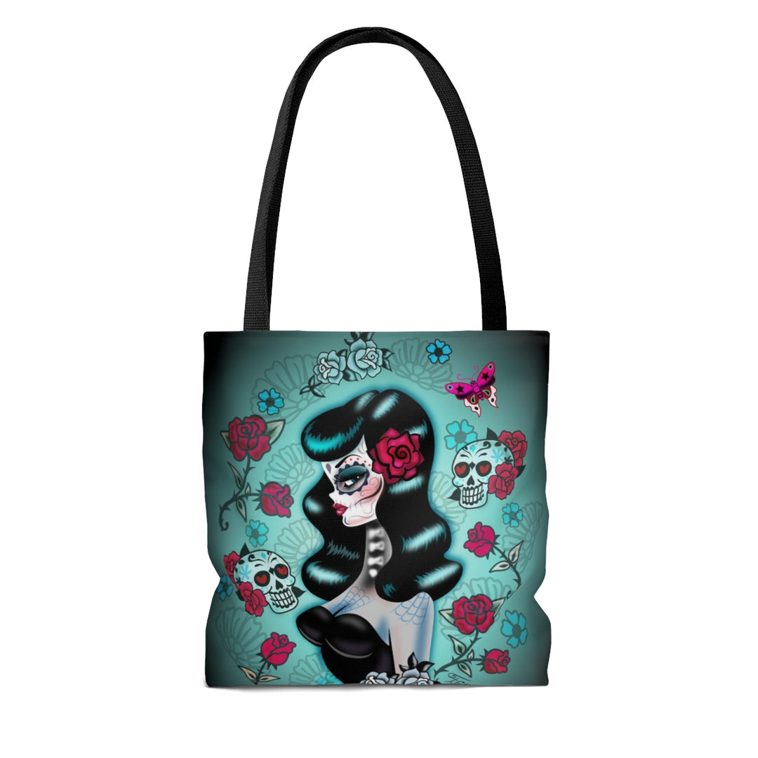 Raven Haired Day of the Dead Sugar Skull Pinup • Tote Bag