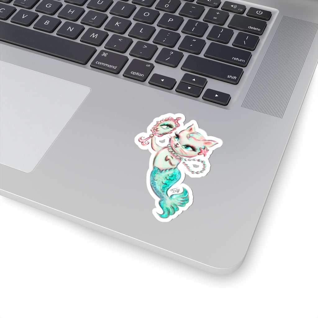 Merkitten with Mirror and Pearls Aqua • Kiss-Cut Sticker