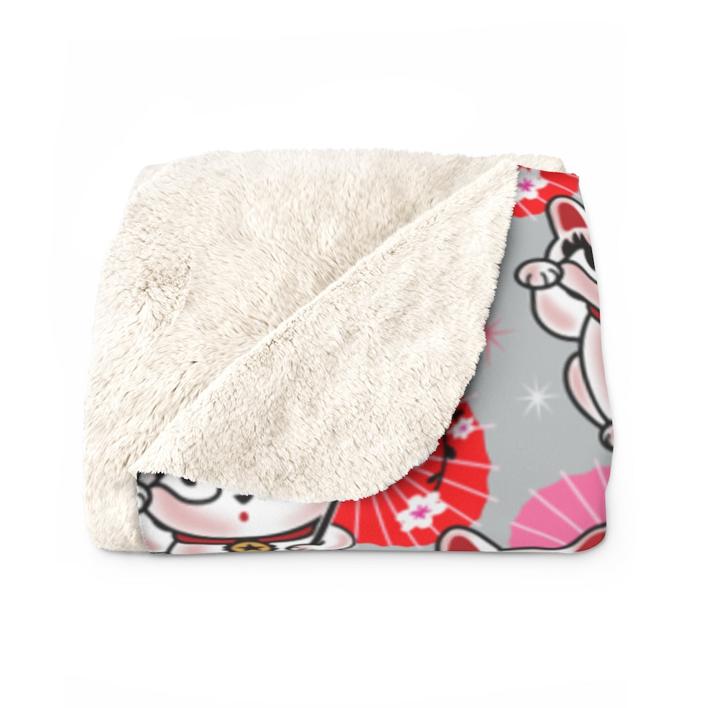 Kyoto Kitty Grey • Sherpa Fleece Blanket