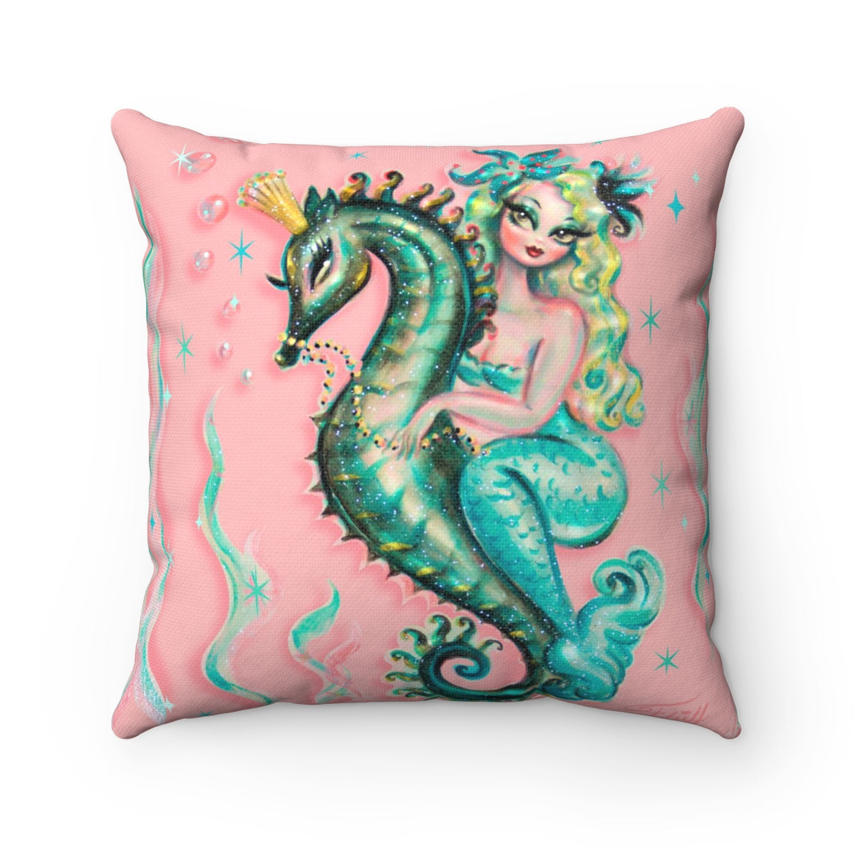 Blue Mermaid Riding a Seahorse Prince • Square Pillow