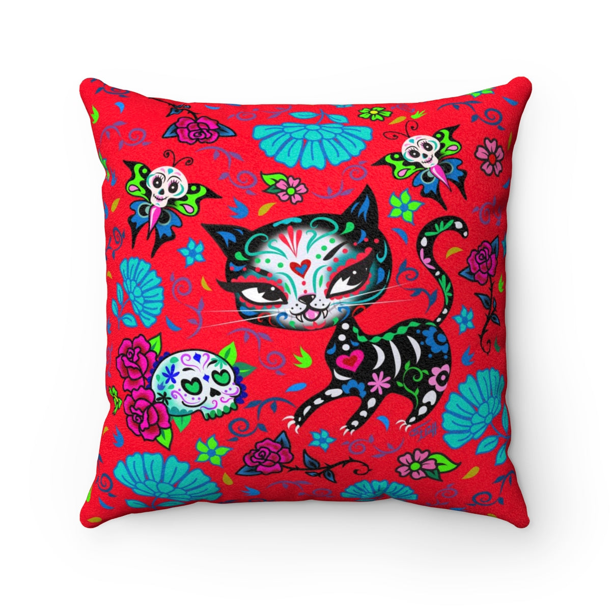 Sugar Skull Kitty on Red • Faux Suede Pillow