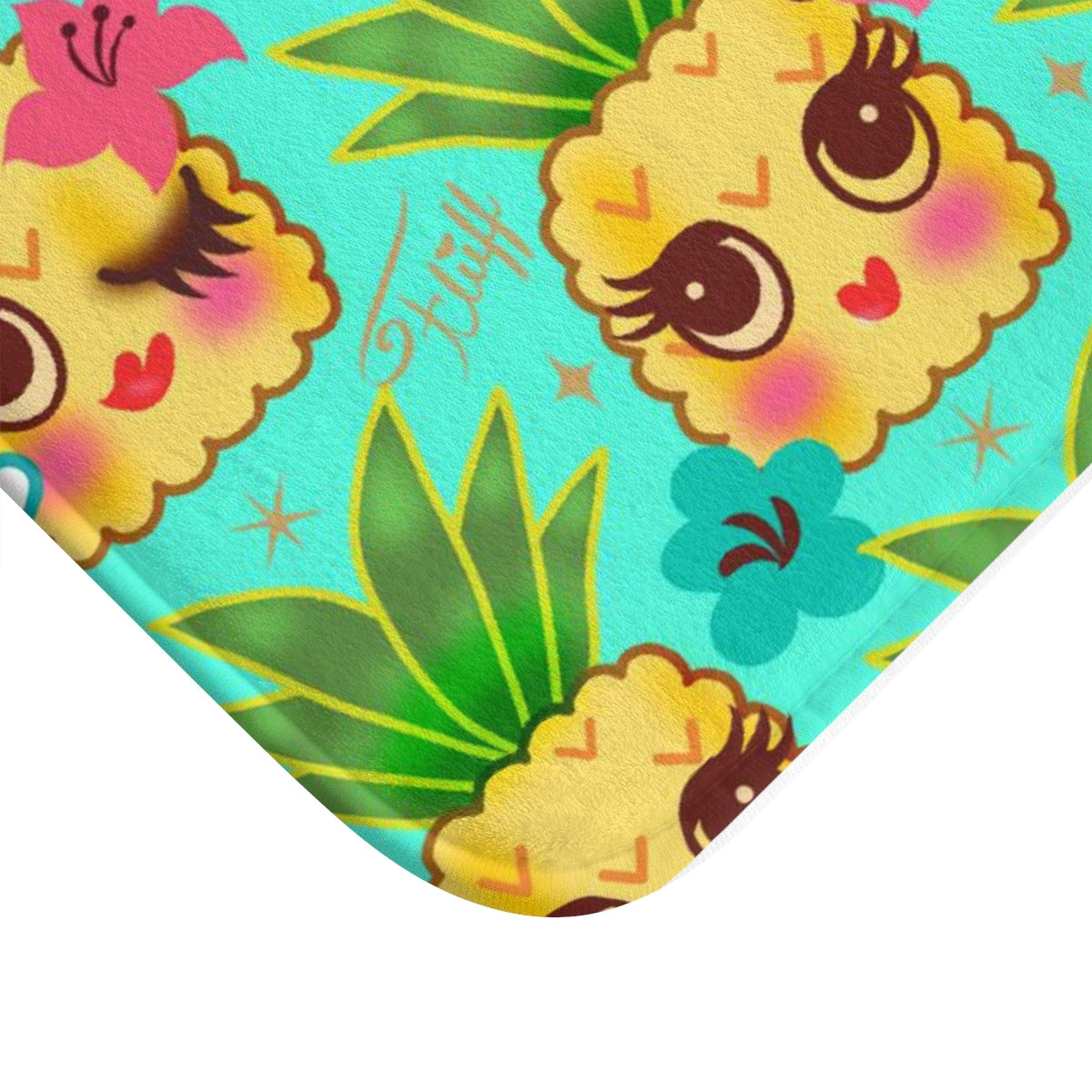 Happy Kawaii Cute Pineapples on Aqua • Bath Mat