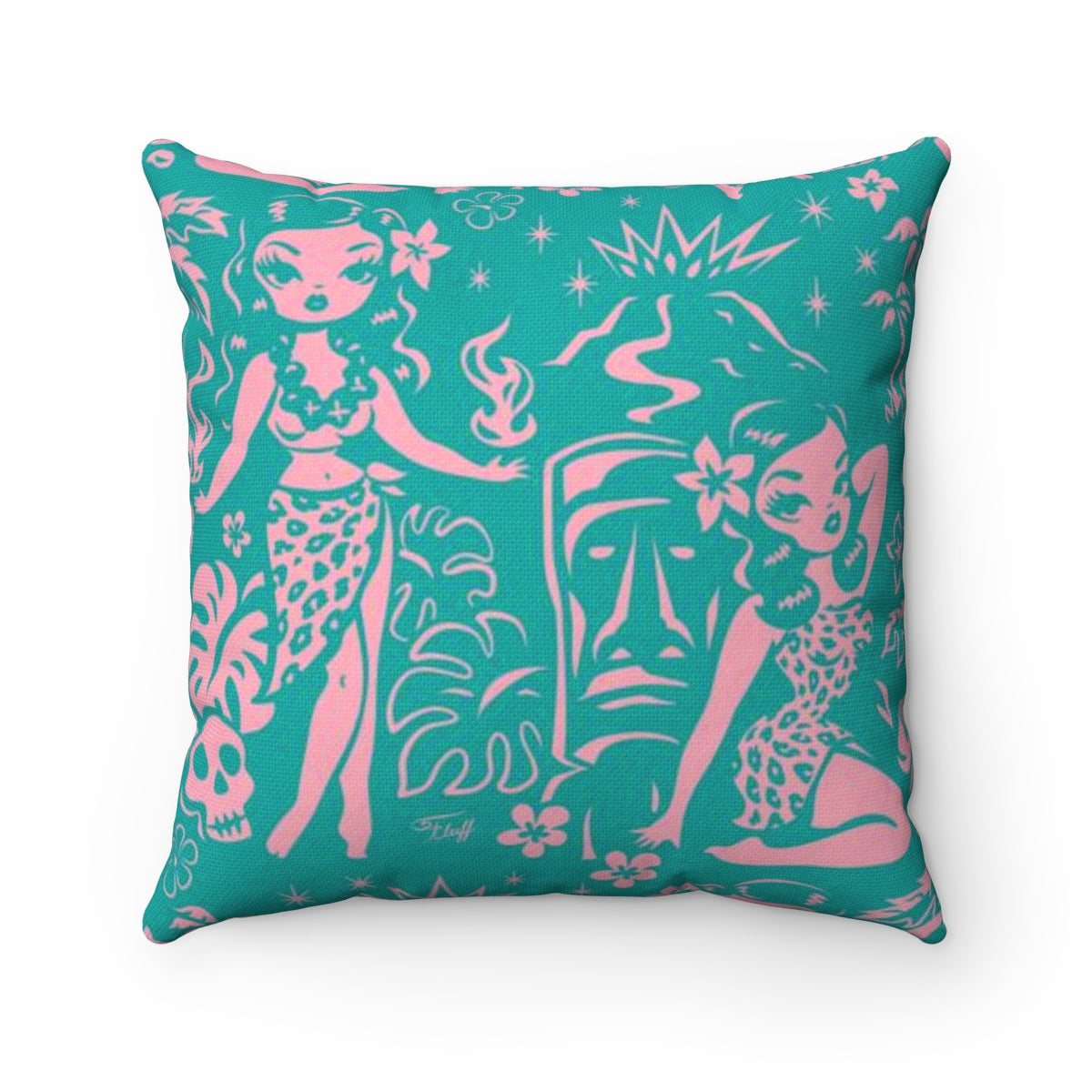 Tiki Temptress - Aqua and Pink • Square Pillow