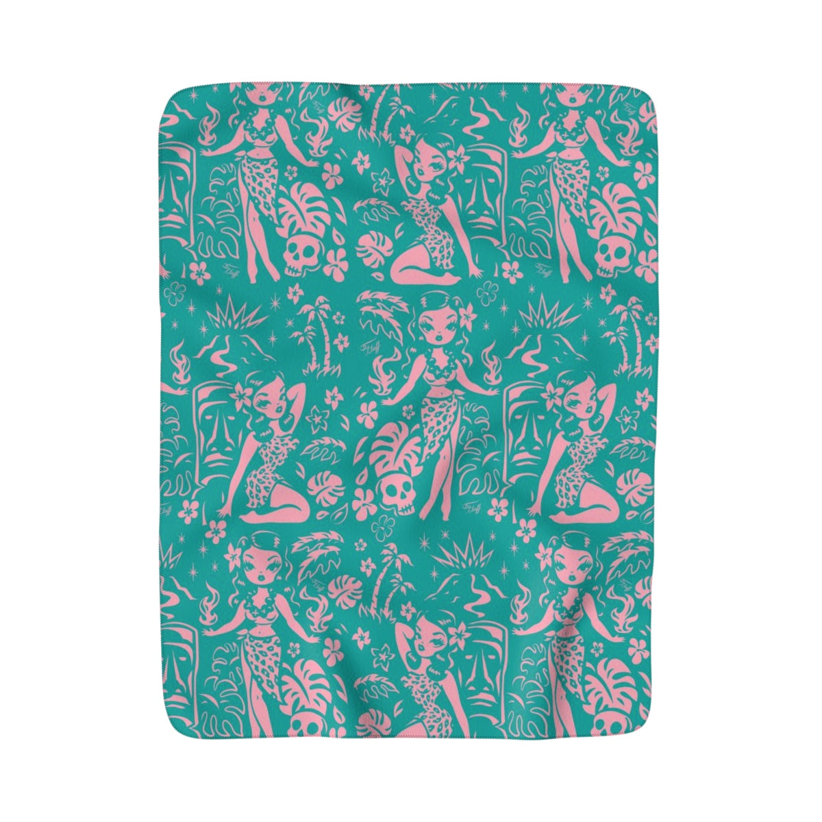 Tiki Temptress - Aqua and Pink • Sherpa Fleece Blanket