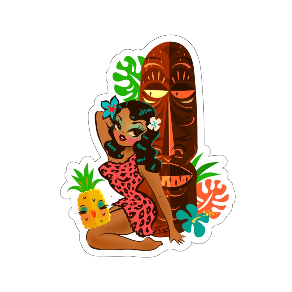 Tiki Temptress in Pink Leopard Print • Kiss-Cut Sticker with Pineapple Face