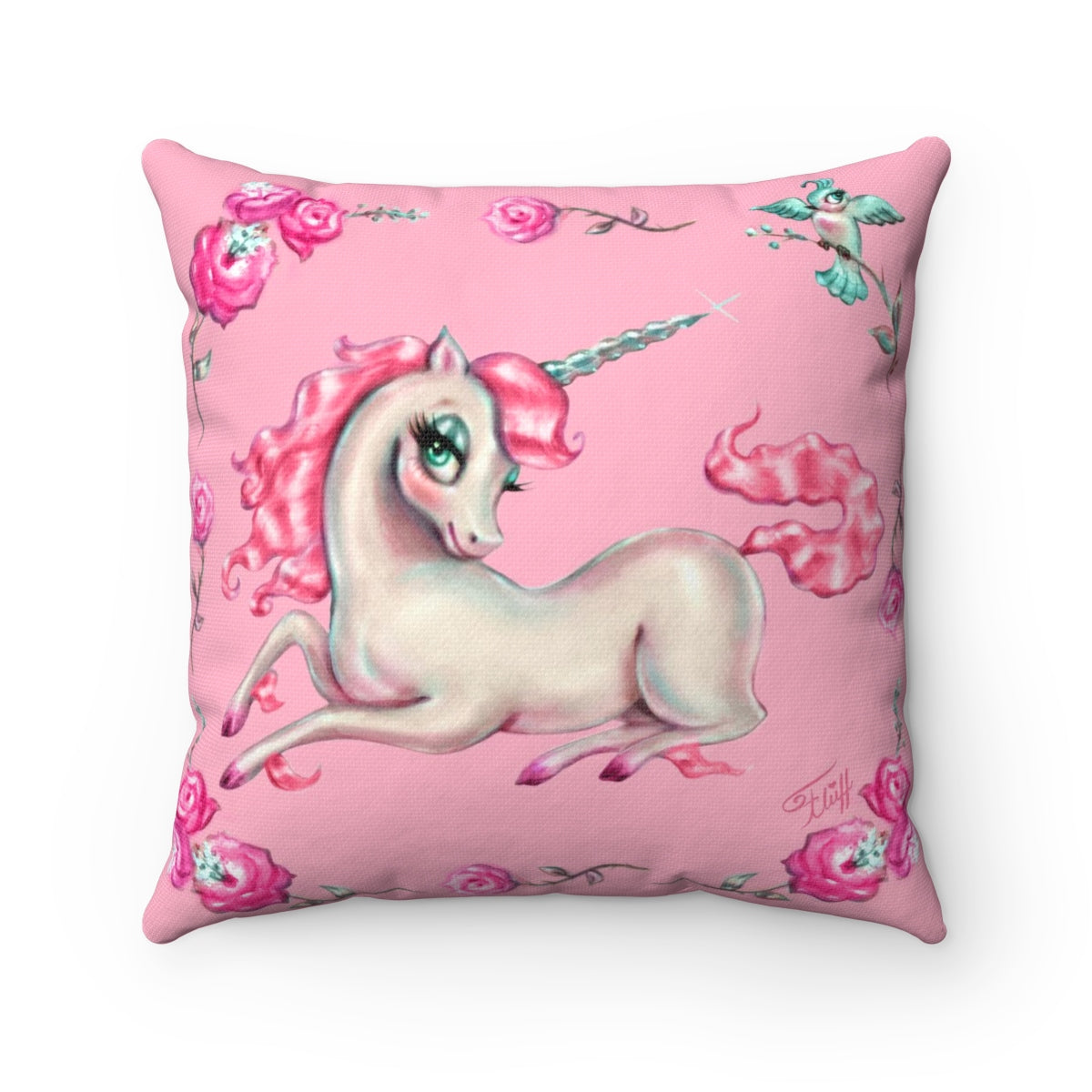 Unicorns and Roses on Pink • Square Pillow