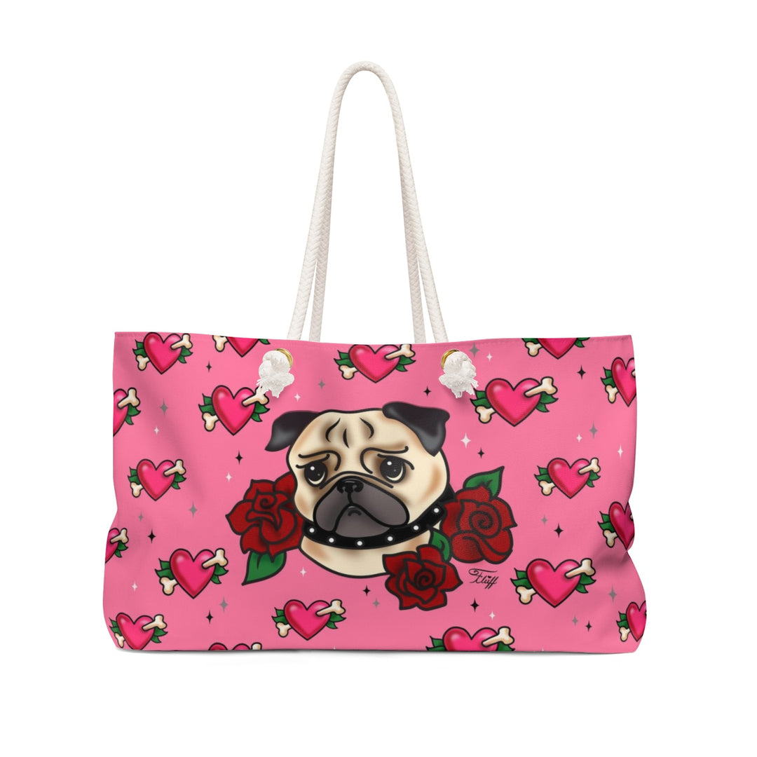 Tattoo Pug with Roses on Pink  • Weekender Bag