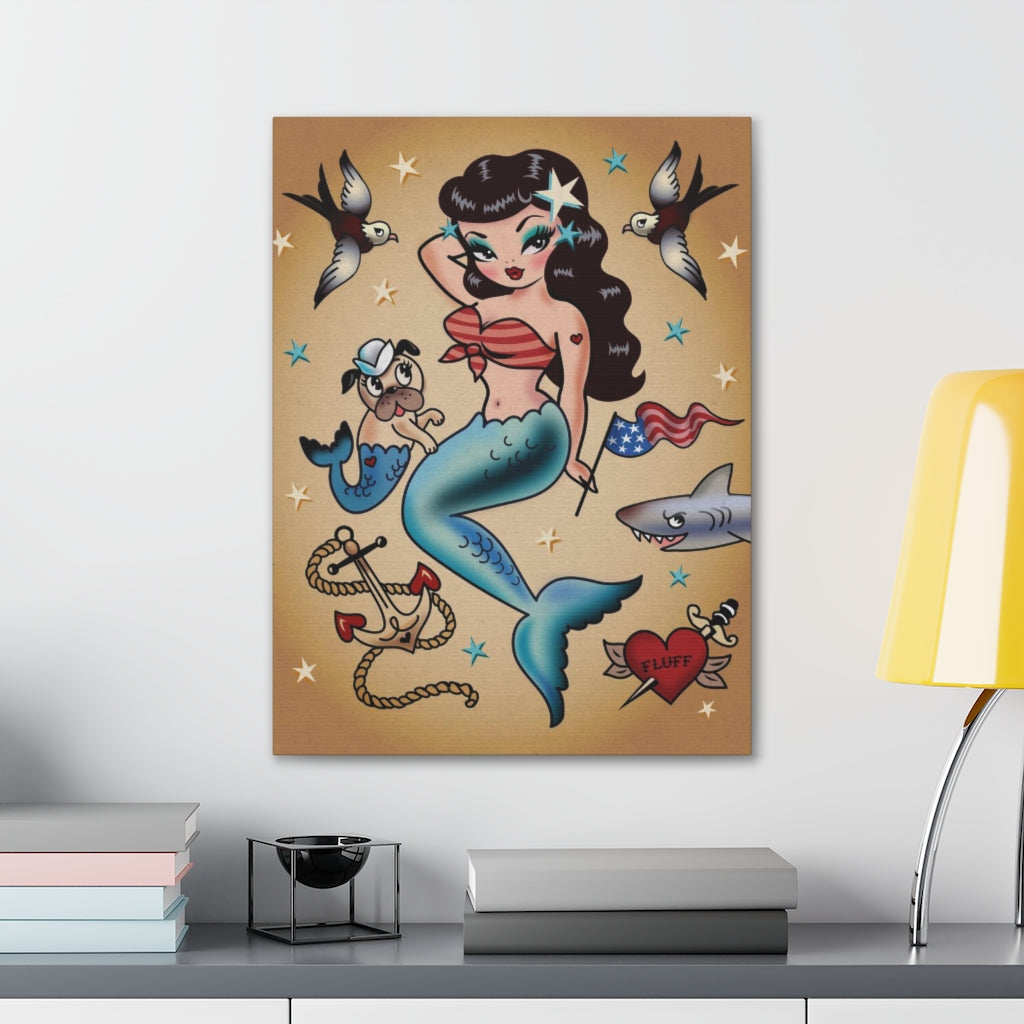 Patriotic Pinup Mermaid with Merpup • Canvas Gallery Wrap