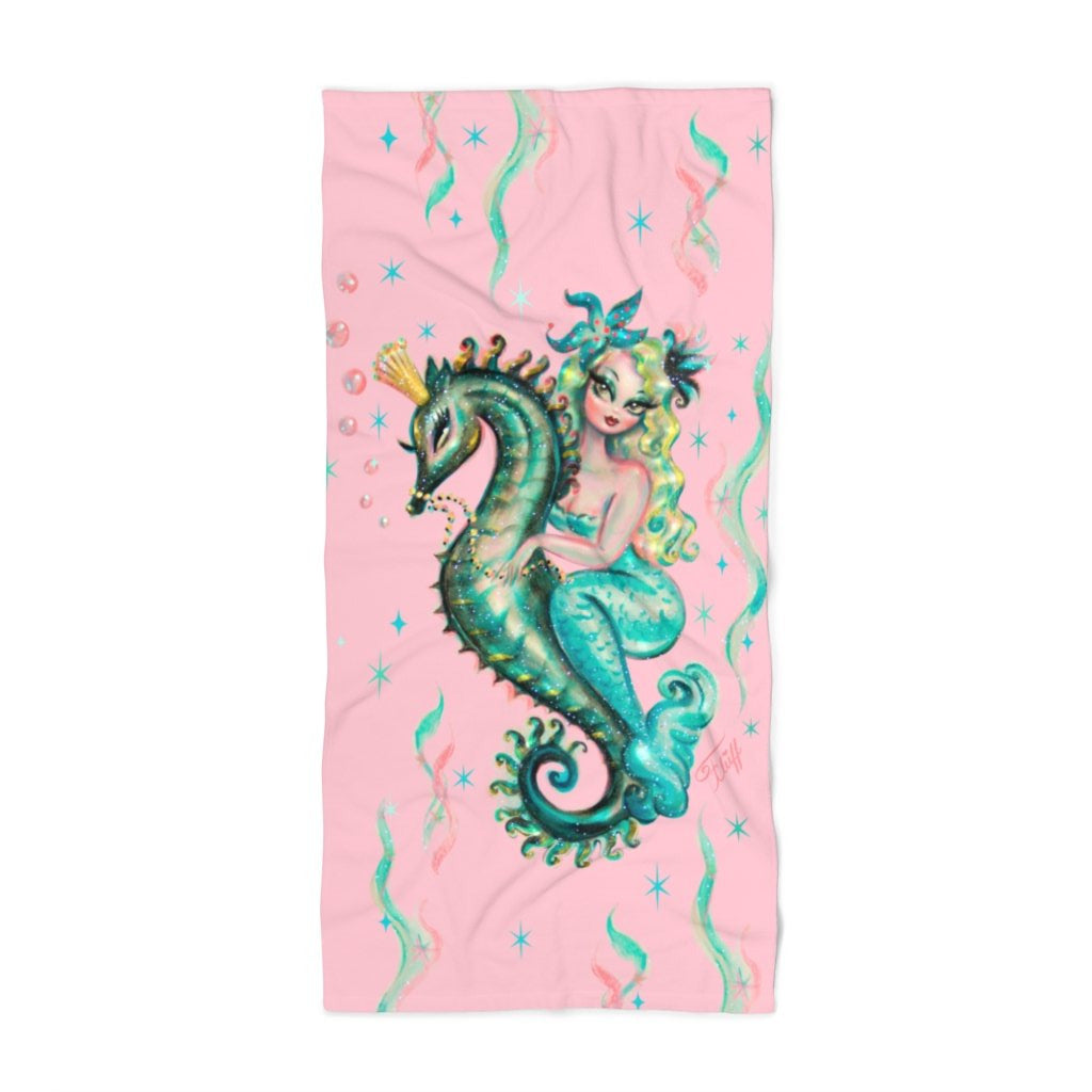 Blue Mermaid Riding a Seahorse Prince • Beach Towel