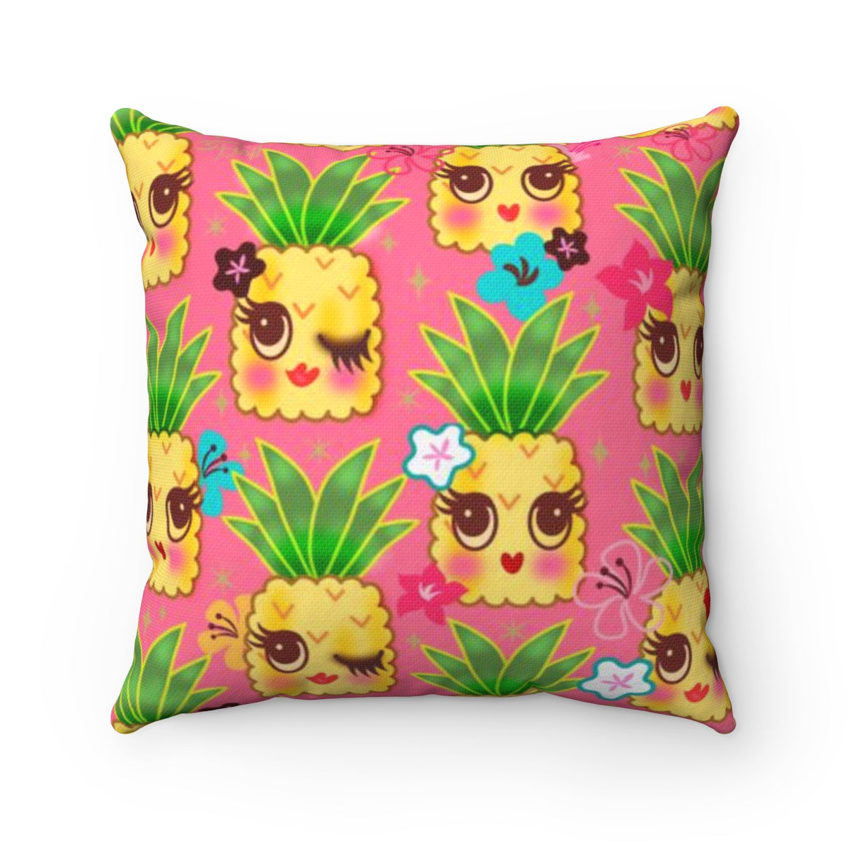 Happy Kawaii Cute Pineapples on Pink • Square Pillow