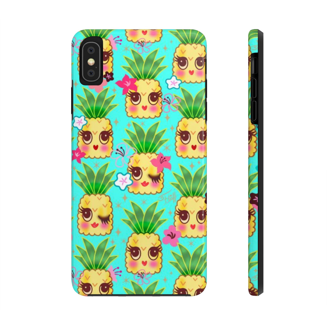 Happy Kawaii Cute Pineapples on Aqua • Phone Case