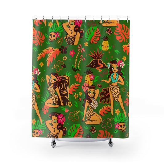 Tiki Temptress on Green • Shower Curtain
