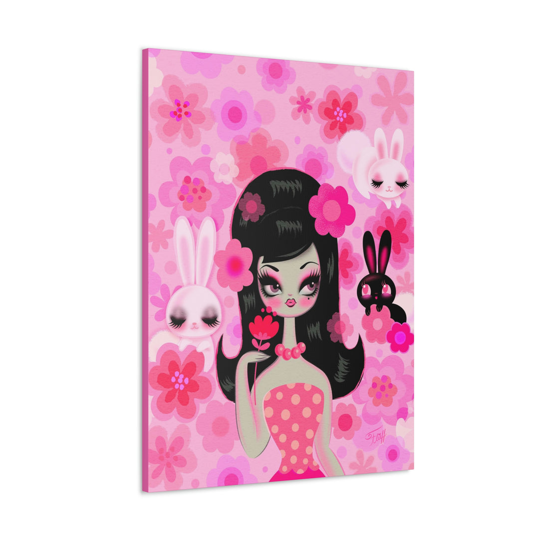 Mod Girl with Bunnies and Flowers • Canvas Gallery Wrap