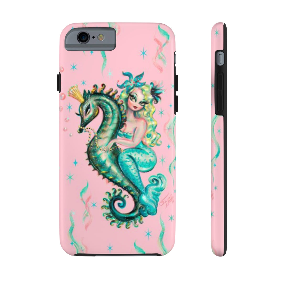 Blue Mermaid Riding a Seahorse Prince Pink • Phone Case