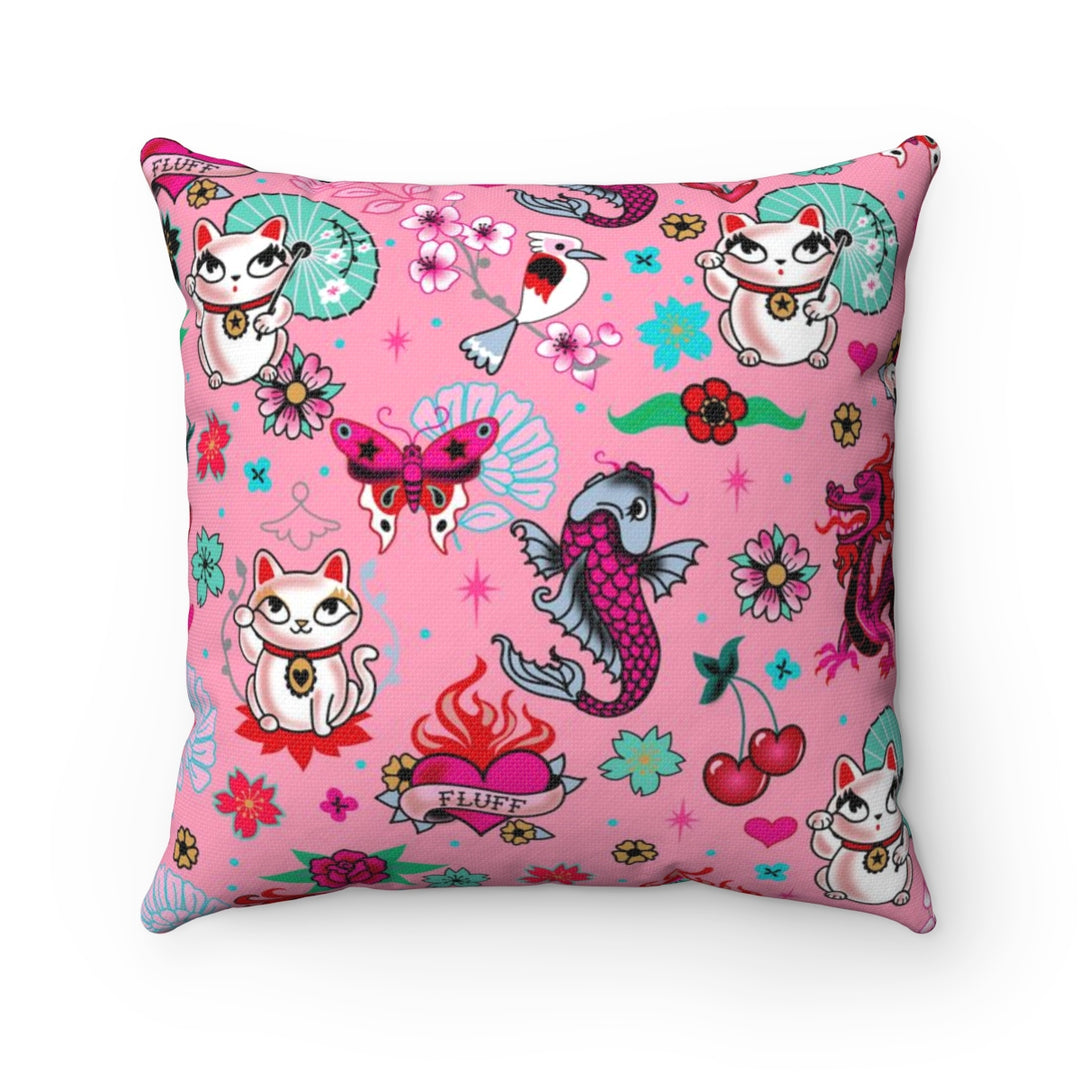 Lucky Kitty on Pink • Square Pillow