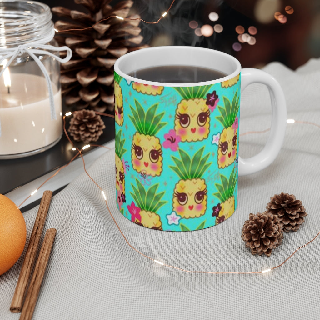 Happy Kawaii Cute Pineapples on Aqua • Mug 11oz