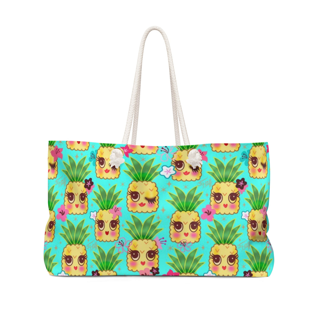 Happy Kawaii Cute Pineapples on Aqua • Weekender Bag