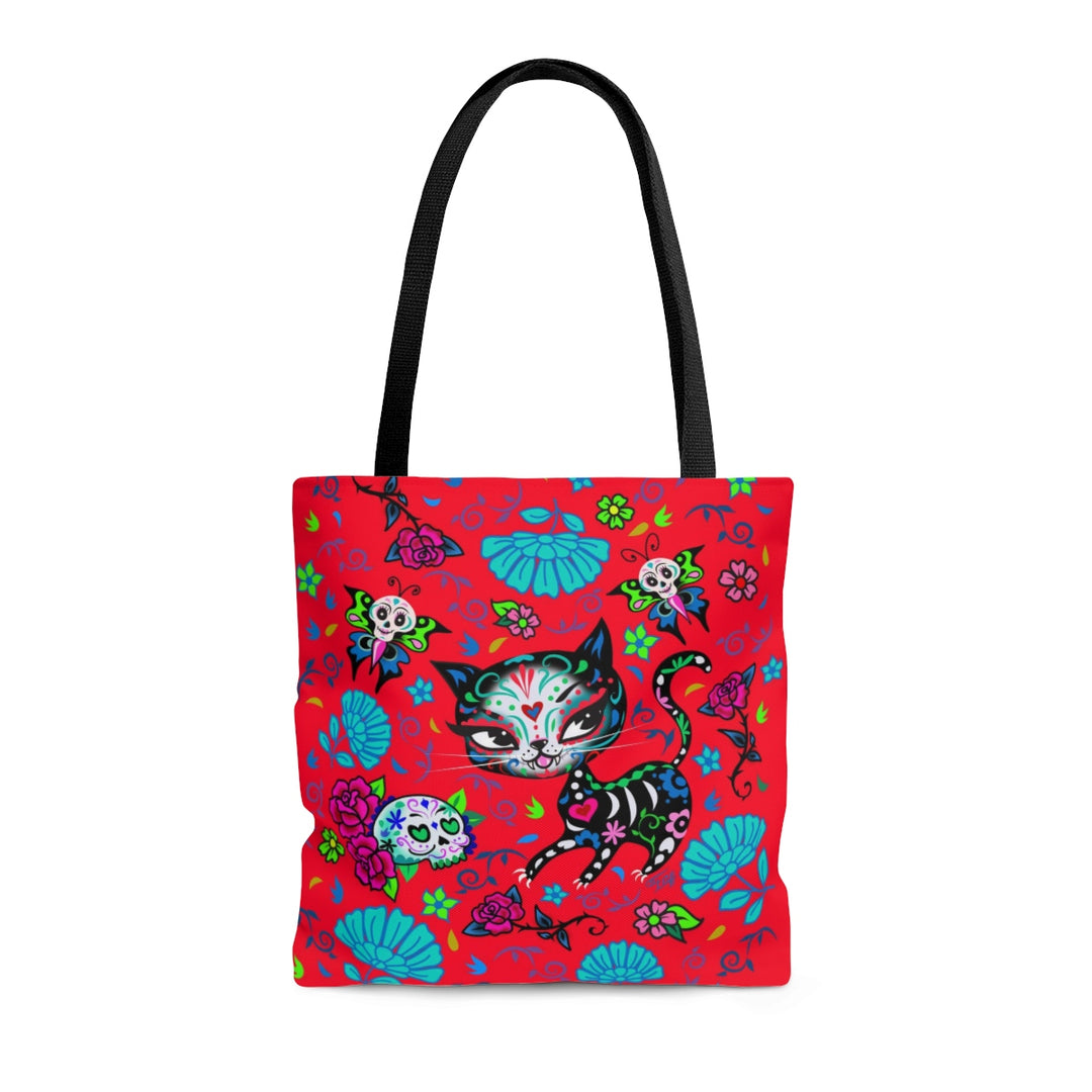 Sugar Skull Kitty on Red • Tote Bag