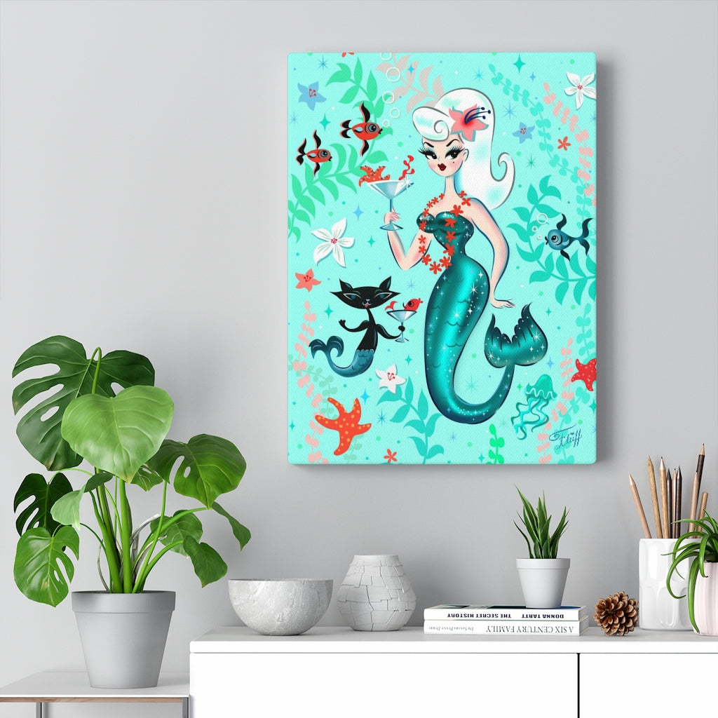 Blonde Martini Mermaid with Merkitten • Canvas Gallery Wrap