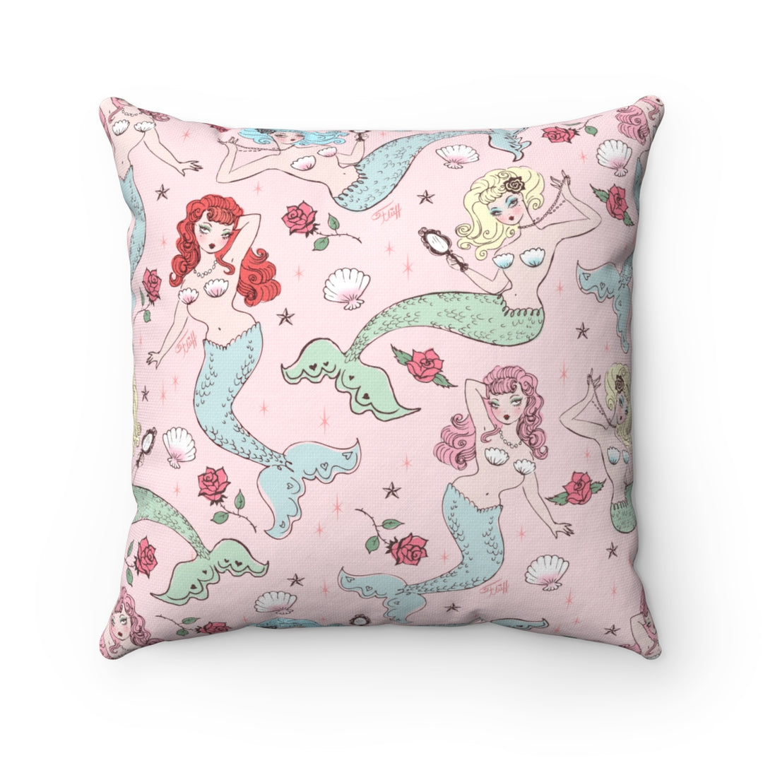 Mermaids and Roses on Pink • Square Pillow