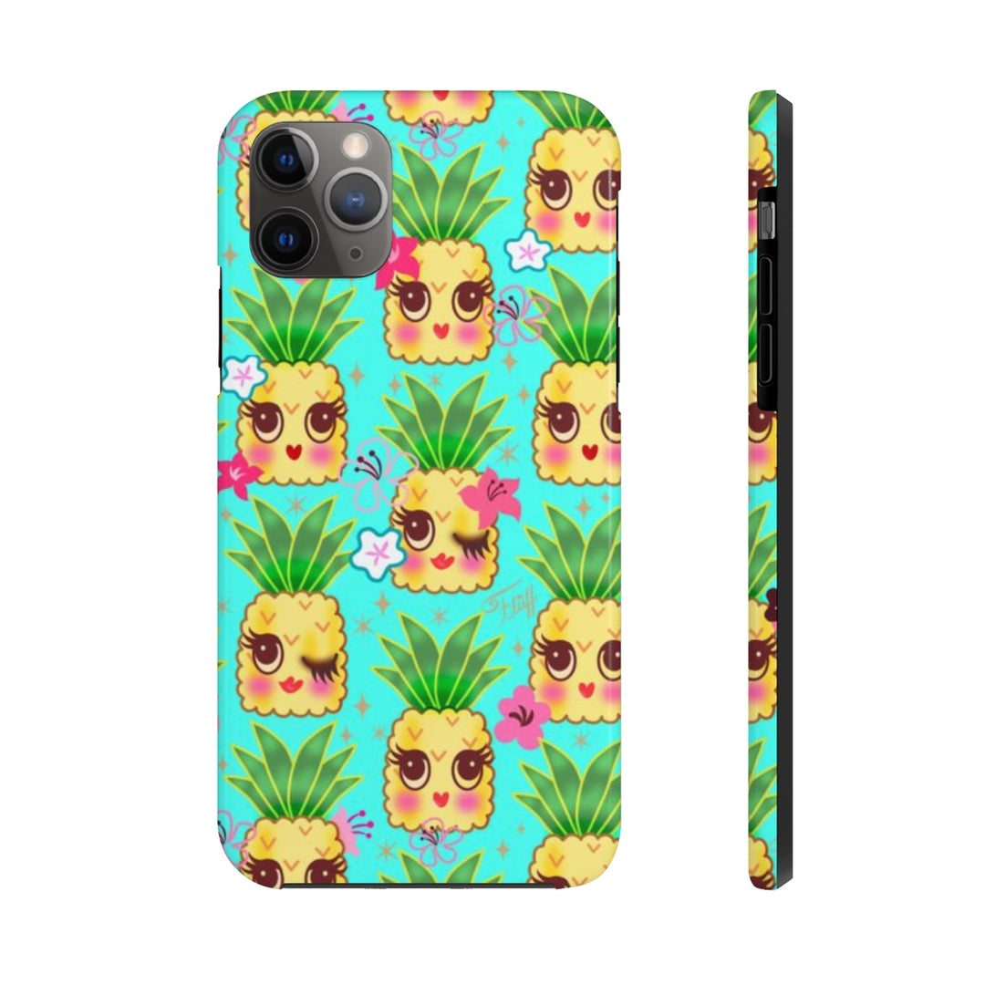 Happy Kawaii Cute Pineapples on Aqua • Phone Case