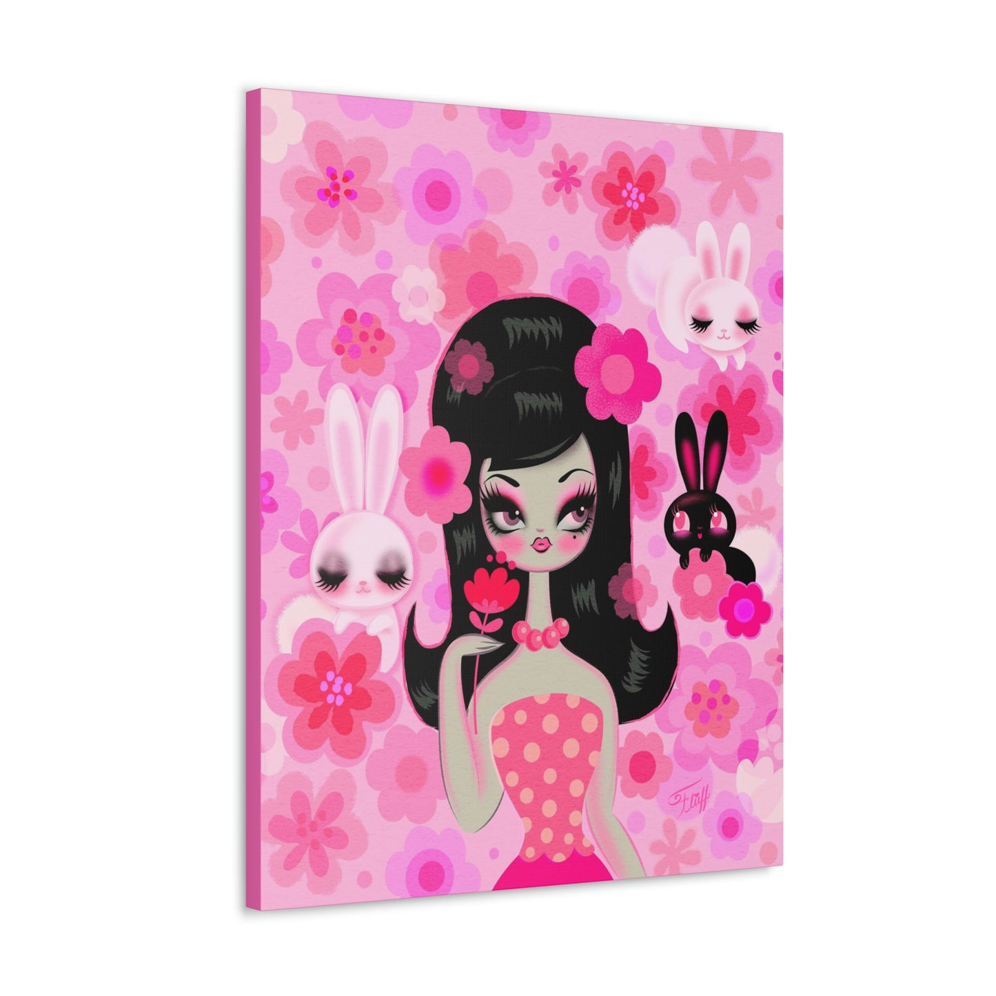 Mod Girl with Bunnies and Flowers • Canvas Gallery Wrap