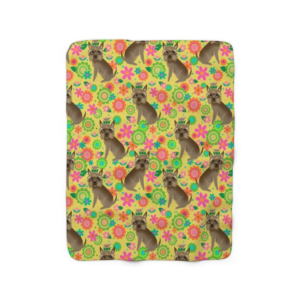 Yorkie with Mod Flowers pattern • Sherpa Fleece Blanket