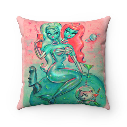 Two headed Alien Mermaid with Cyclops Kitty • Faux Suede Pillow