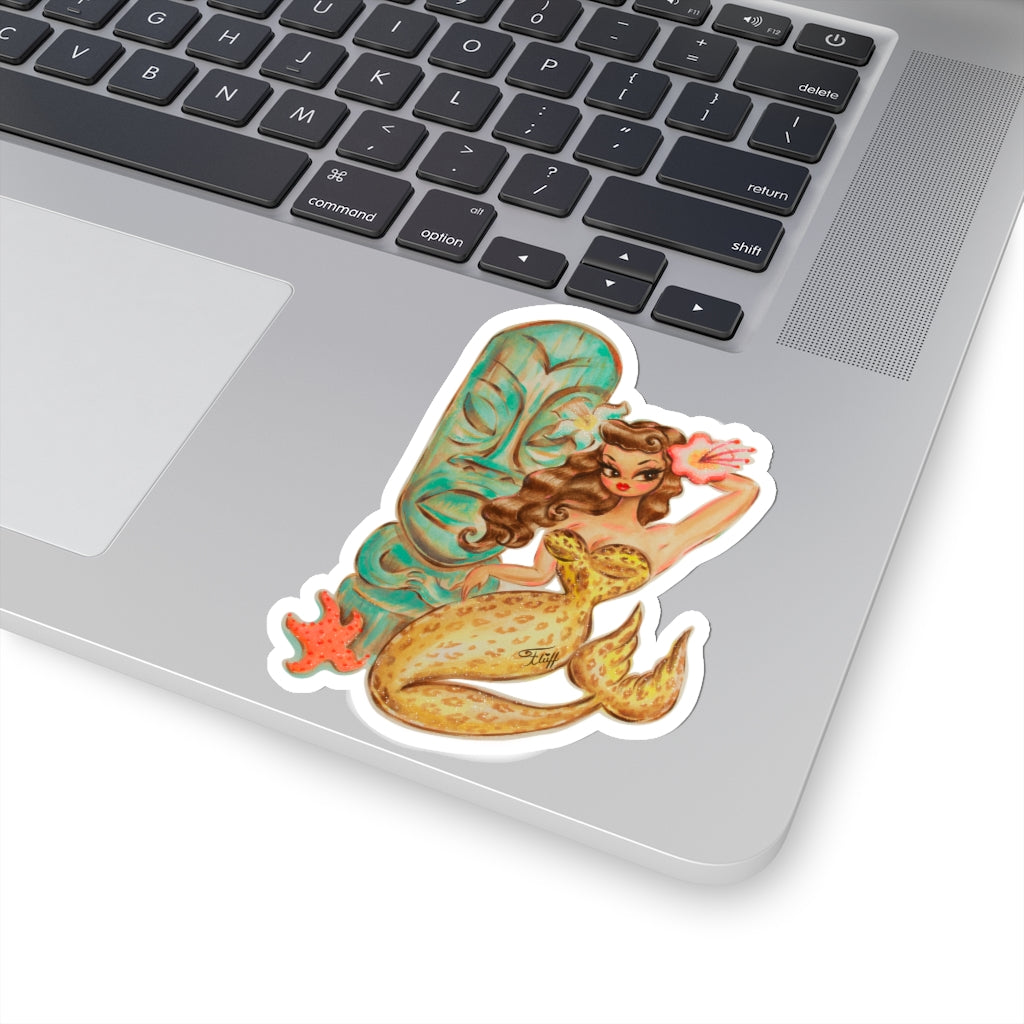 Leopard Brunette Mermaid with Teal Tiki • Kiss-Cut Sticker