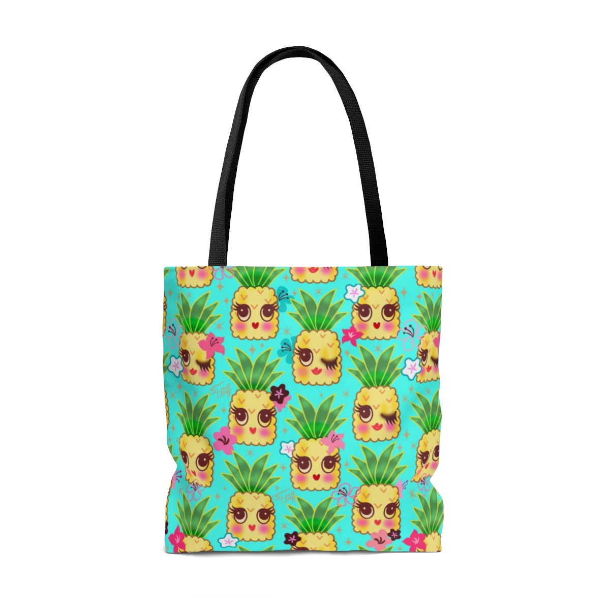 Happy Kawaii Cute Pineapples on Aqua • Tote Bag