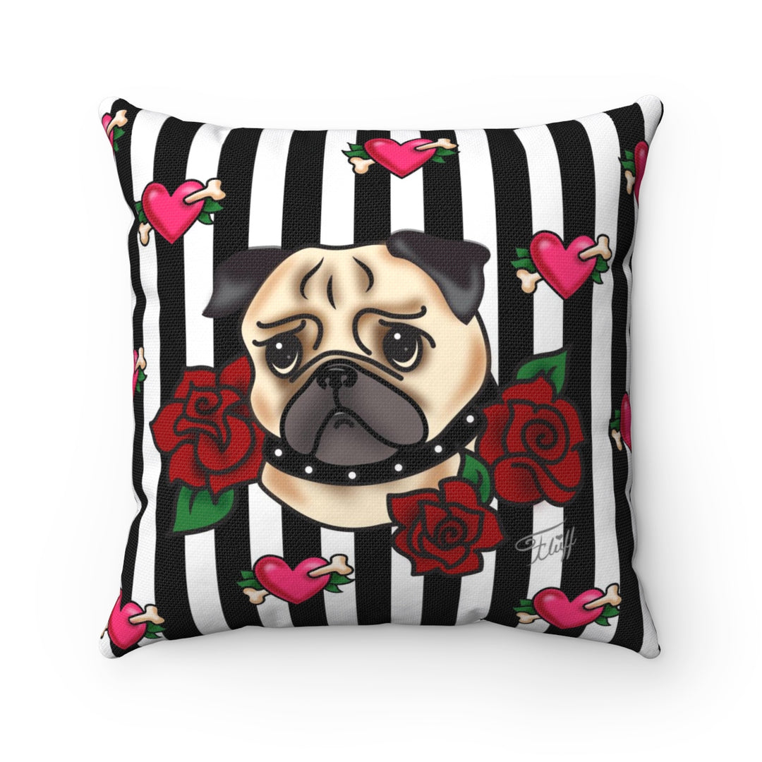 Tattoo Pug with Roses on Stripes  • Square Pillow