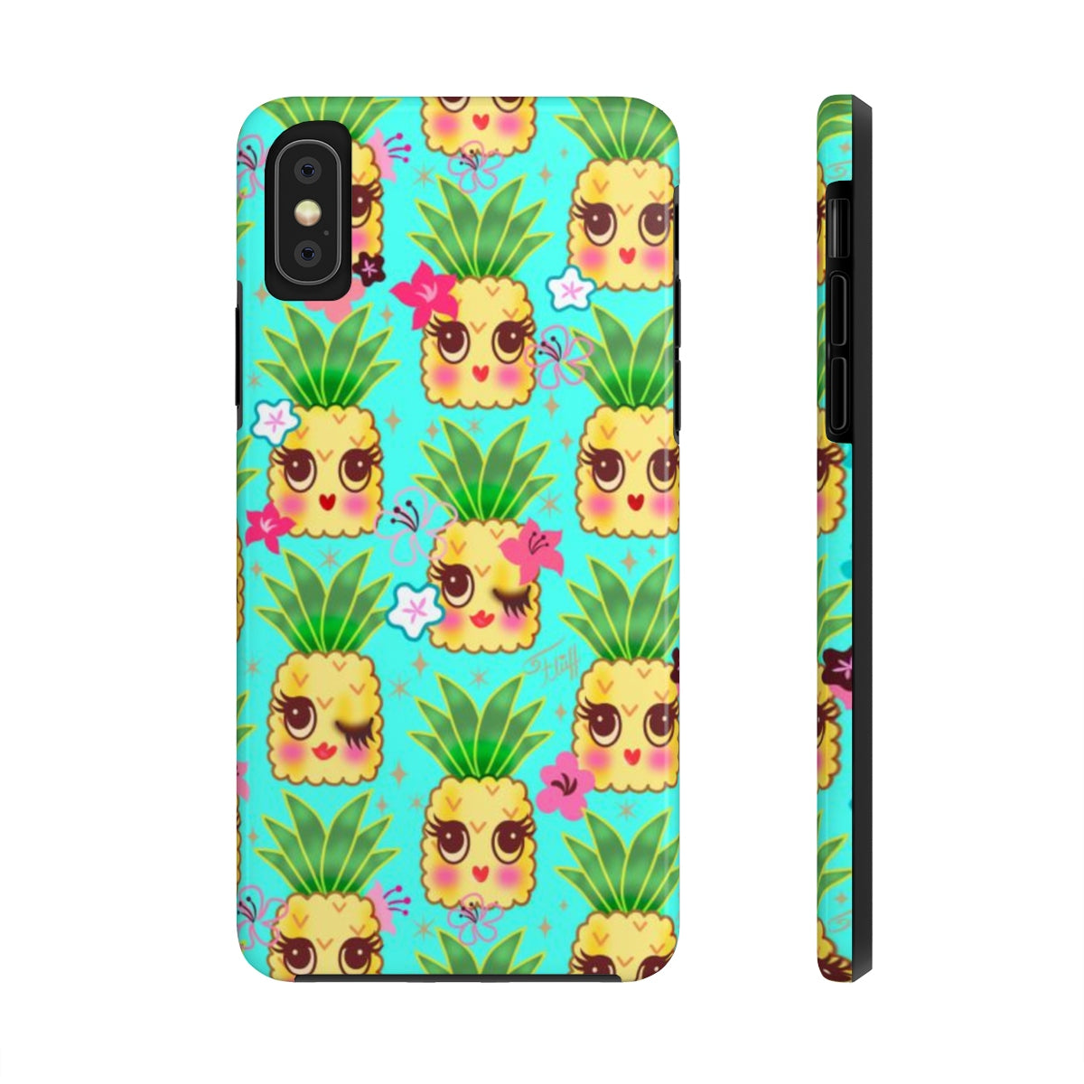 Happy Kawaii Cute Pineapples on Aqua • Phone Case