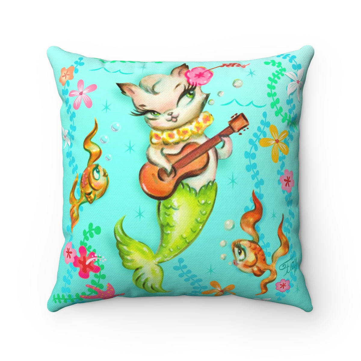 Mermaid Cat with Ukulele • Square Pillow