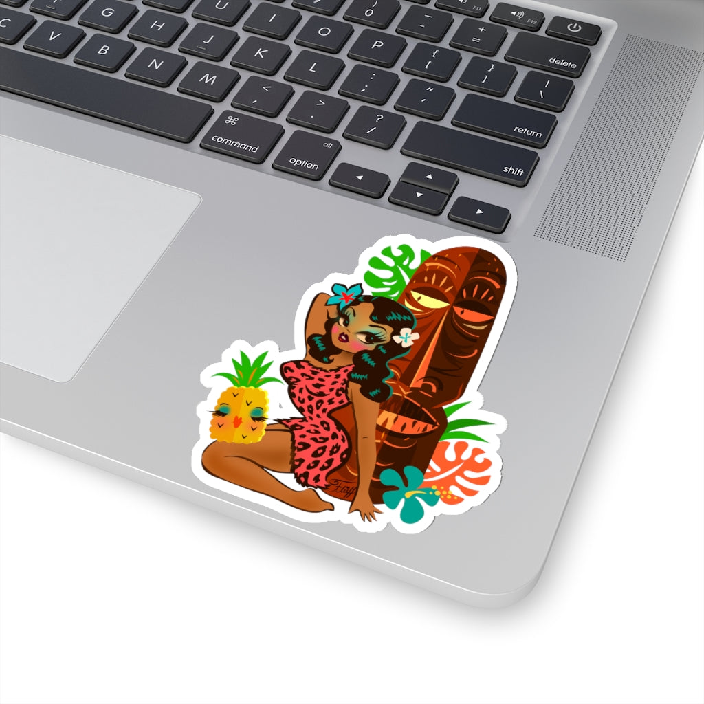 Tiki Temptress in Pink Leopard Print • Kiss-Cut Sticker with Pineapple Face