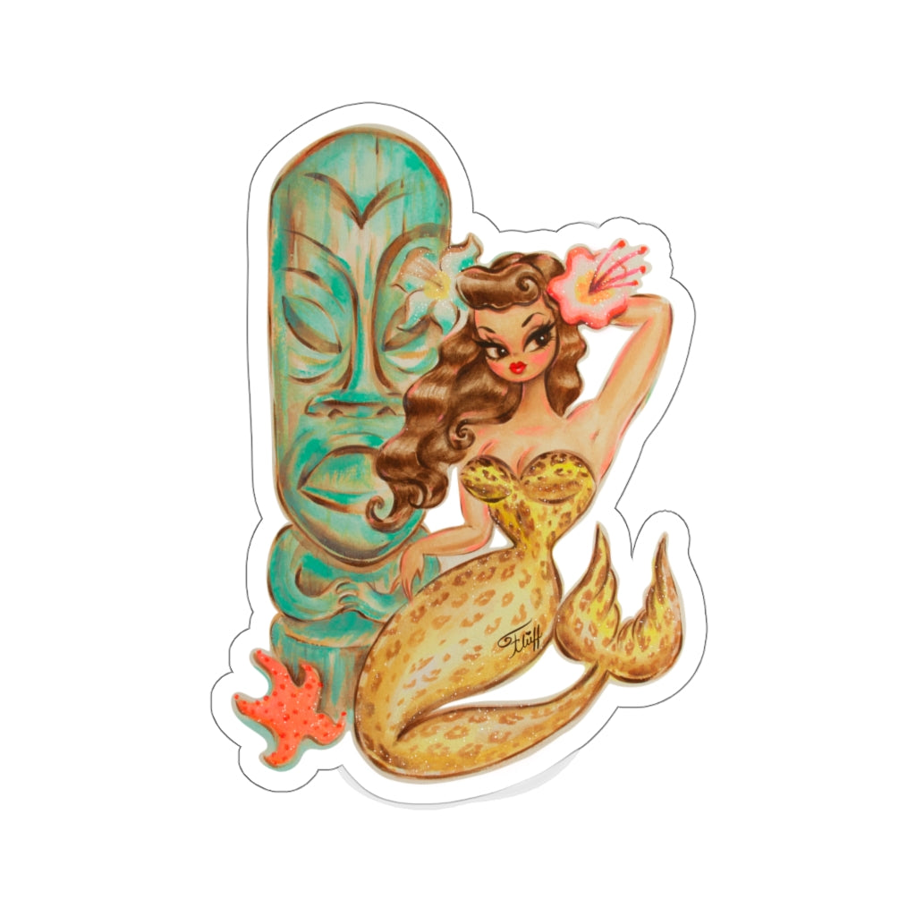 Leopard Brunette Mermaid with Teal Tiki • Kiss-Cut Sticker