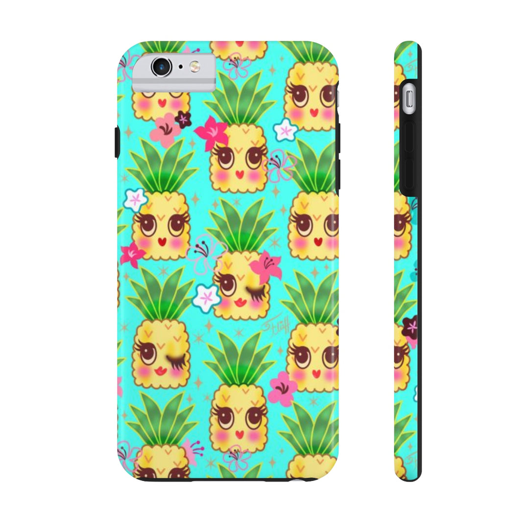 Happy Kawaii Cute Pineapples on Aqua • Phone Case