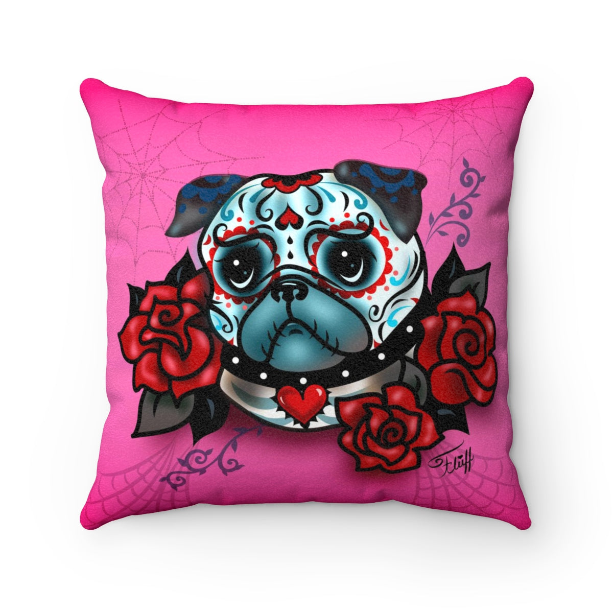 Sugar Skull Pug With Roses on Hot Pink • Faux Suede Pillow