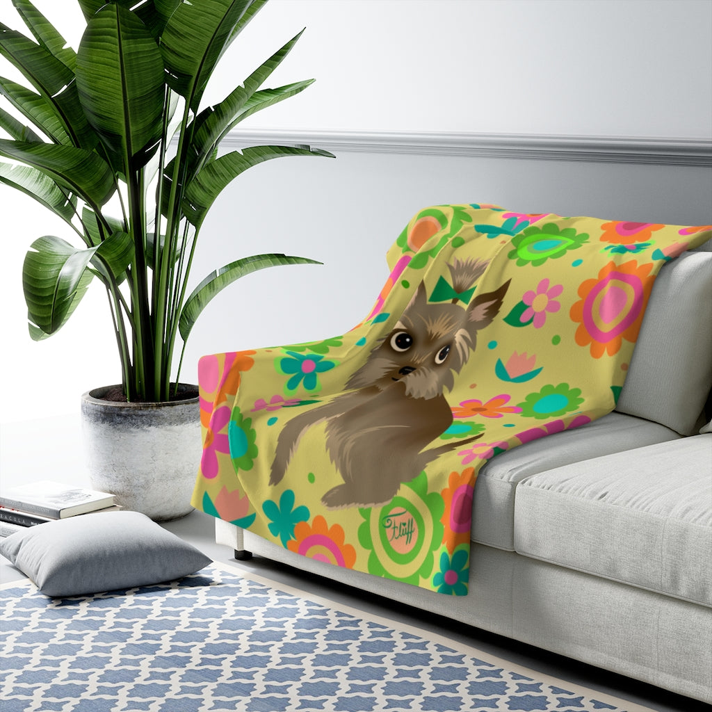 Yorkie with Mod Flowers • Sherpa Fleece Blanket