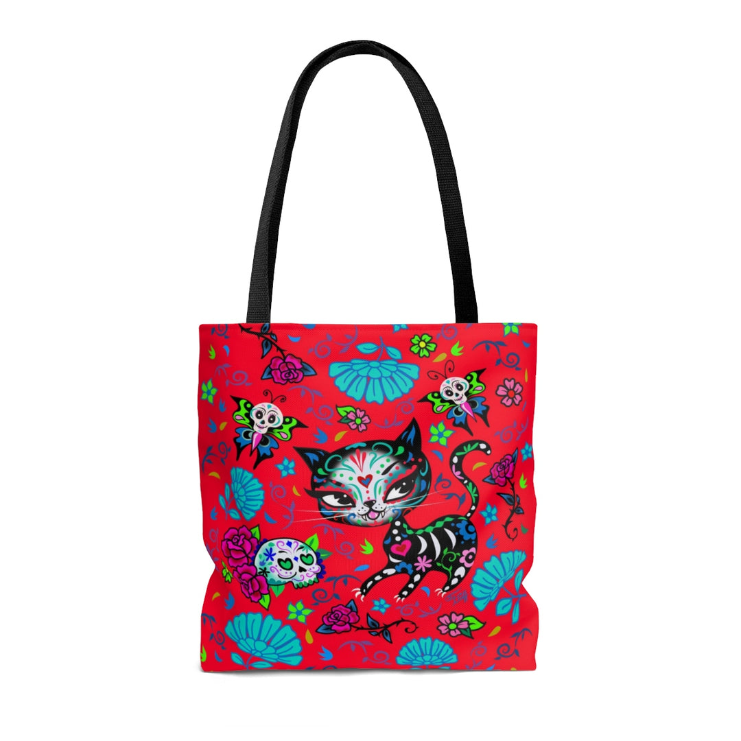 Sugar Skull Kitty on Red • Tote Bag