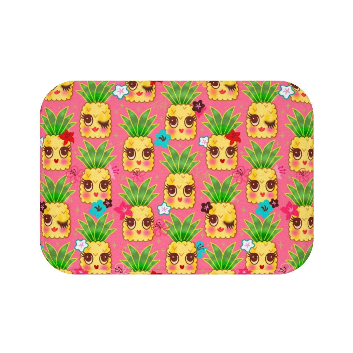 Happy Kawaii Cute Pineapples on Pink • Bath Mat