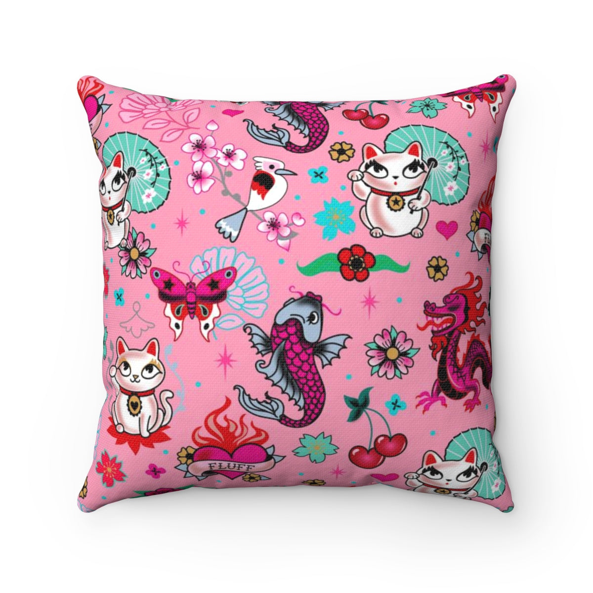 Lucky Kitty on Pink • Square Pillow