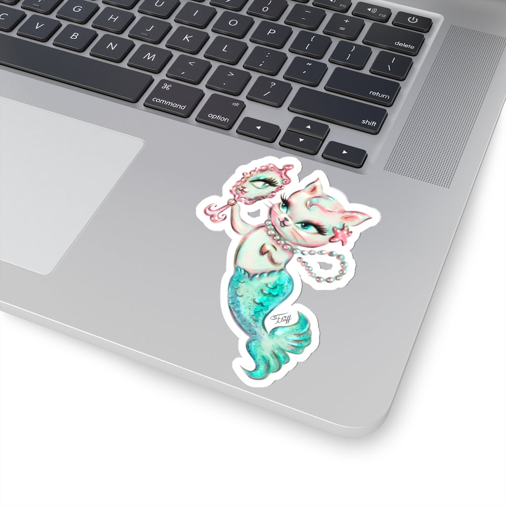 Merkitten with Mirror and Pearls Aqua • Kiss-Cut Sticker