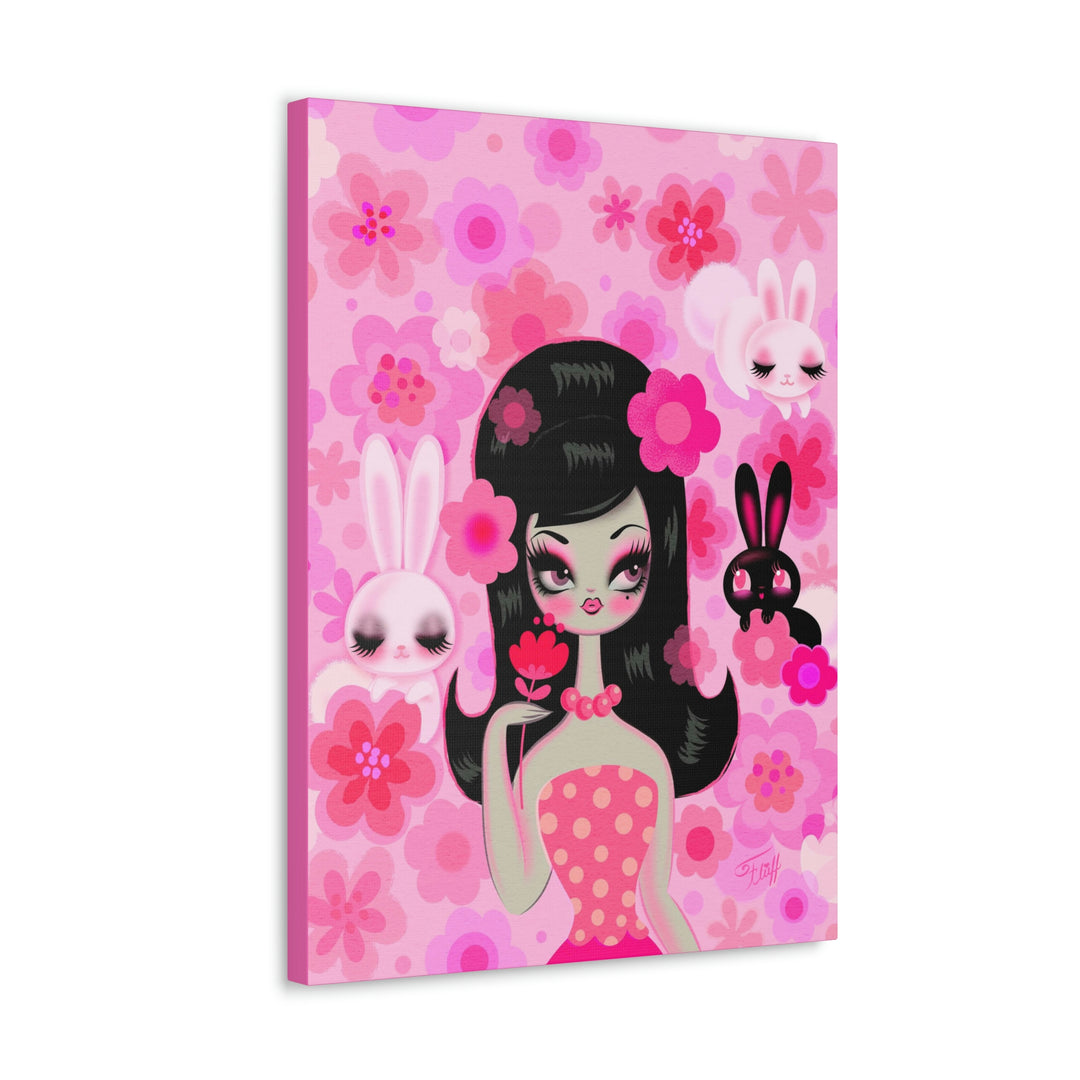 Mod Girl with Bunnies and Flowers • Canvas Gallery Wrap