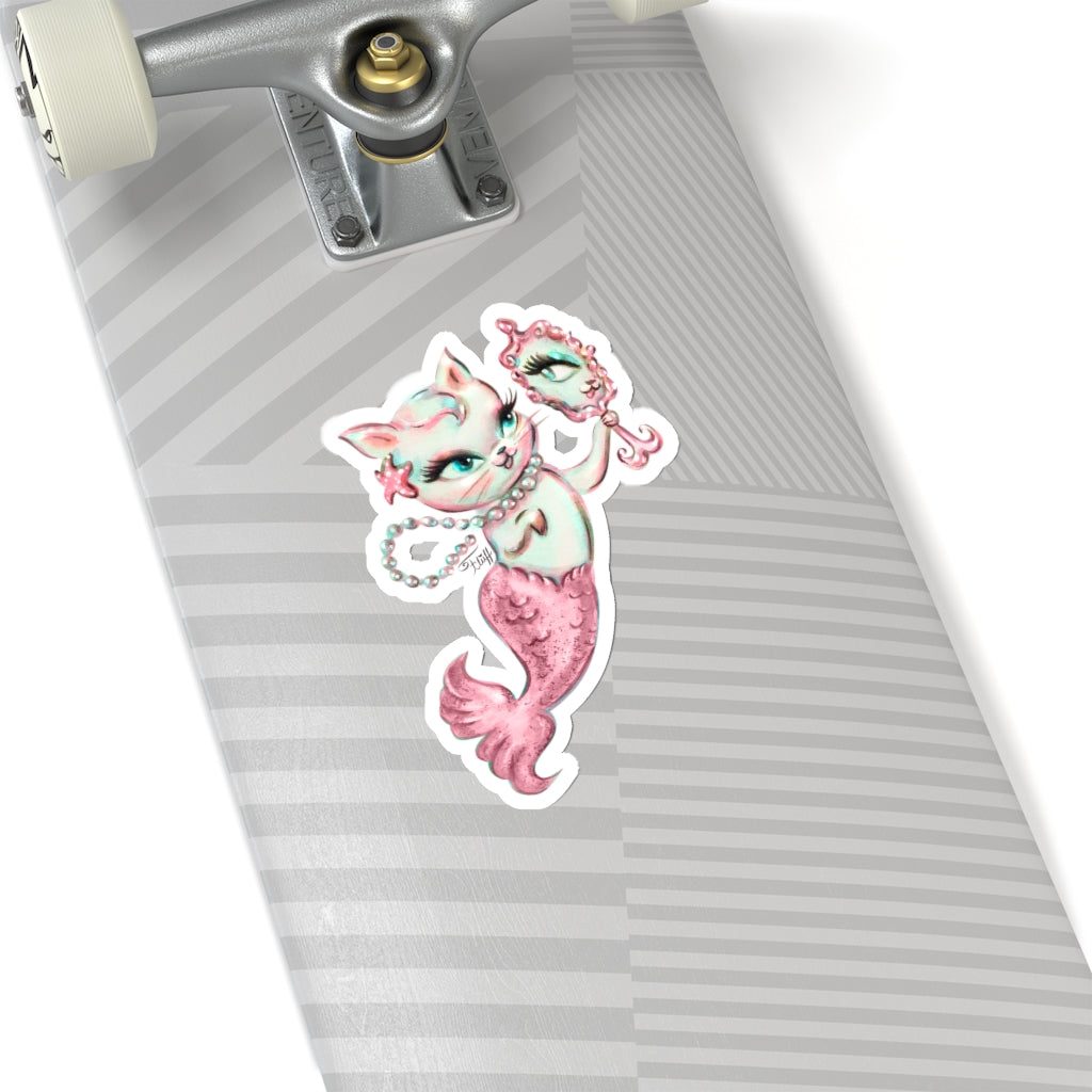 Merkitten with Mirror and Pearls Pink • Kiss-Cut Sticker