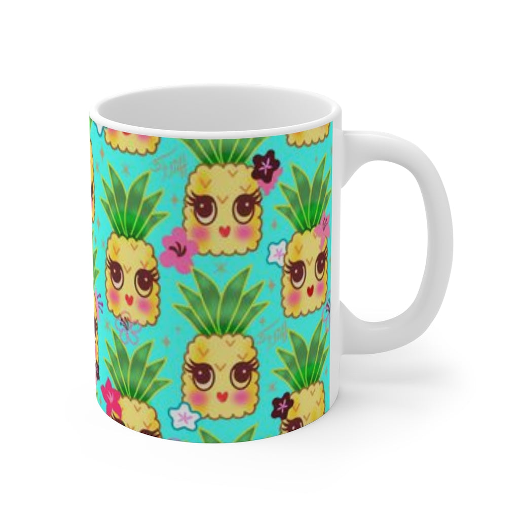 Happy Kawaii Cute Pineapples on Aqua • Mug 11oz
